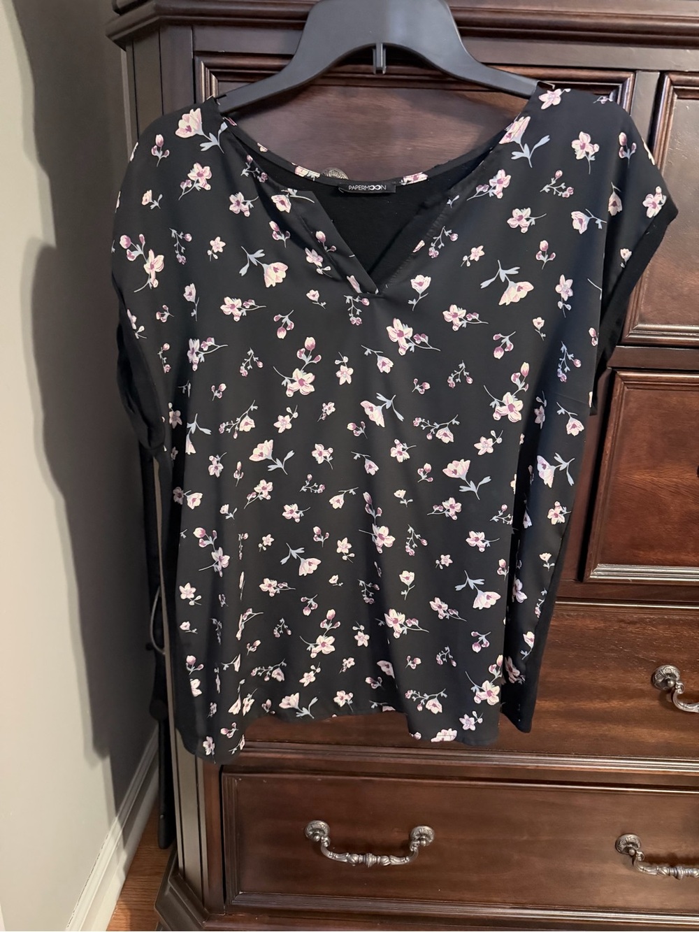 Worthington Black Floral V-Neck Blouse with Pink Accents